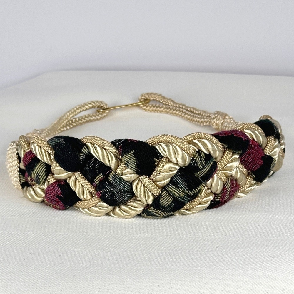 Vintage 80s Tapestry Belt Braided Cream Burgundy Blue Green Cord Woven One Size